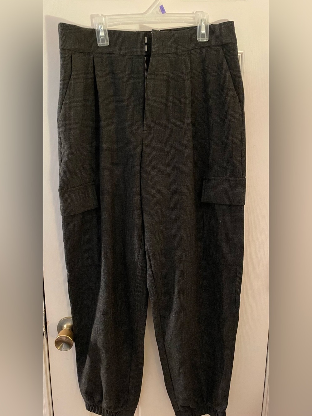 gray glen plaid pleated cargo jogger pants featuring side flap pockets and